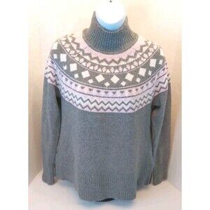 Tahari Fair Isle Sweater Gray & Pink Womens Size M Soft Mock Turtleneck